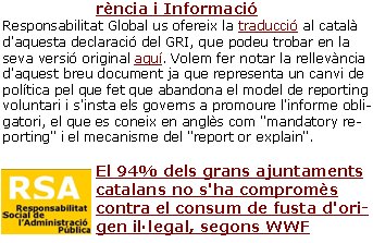 Finestra estratègica o capsa de Pandora? Amb motiu de la declaració d’Amsterdam del GRI, Canyelles publica un article on defensa que cal que el món empresarial assumeixi un veritable lideratge d’integració de l’RSE com un mínim comú denominador de l’activitat empresarial. [Llegir article]El GRI fa pública la Declaració d'Amsterdam sobre Transparència i InformacióResponsabilitat Global us ofereix la traducció al català d'aquesta declaració del GRI, que podeu trobar en la seva versió original aquí. Volem fer notar la rellevància d'aquest breu document ja que representa un canvi de política pel que fet que abandona el model de reporting voluntari i s'insta els governs a promoure l'informe obligatori, el que es coneix en anglès com "mandatory reporting" i el mecanisme del "report or explain".El 94% dels grans ajuntaments catalans no s'ha compromès contra el consum de fusta d'origen il·legal, segons WWF 