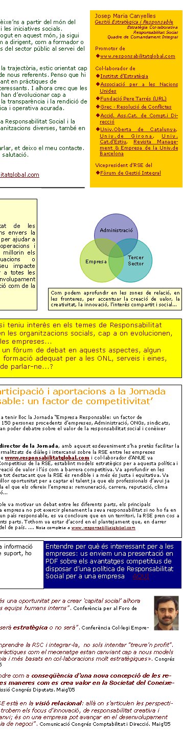 Benvolgut, benvolguda,Vam tenir l’oportunitat de conèixe’ns a partir del món del voluntariat, l’associacionisme i les iniciatives socials. Personalment sempre m’he mogut en aquest món, ja sigui com a voluntari de base o com a dirigent, com a formador o com a consultor, o actuant des del sector públic al servei del tercer sector.Des de fa un temps, i fruit de la trajectòria, estic orientat cap a objectius similars però des de nous referents. Penso que hi ha empreses que estan avançant en pràctiques de Responsabilitat Social molt interessants. I alhora crec que les nostres organitzacions també han d’evolucionar cap a plantejaments més basats en la transparència i la rendició de comptes i una gestió estratègica i operativa acurada.És per això, estic promovent la Responsabilitat Social i la Planificació Estratègica en organitzacions diverses, també en ONL.Si en alguna ocasió en vols parlar, et deixo el meu contacte.Rep, com sempre, una cordial salutació.Josep Maria Canyelles Promotor de www.responsabilitatglobal.comjmcanyelles@collaboratio.net Josep Maria CanyellesGestió Estratègica i ResponsableEstratègia Col·laborativaResponsabilitat SocialQuadre de Comandament IntegralPromotor dewww.responsabilitatglobal.comCol·laborador deInstitut d’EstratègiaAssociació per a les Nacions UnidesFundació Pere Tarrés (URL) Grec · Resolució de ConflictesAccid. Ass.Cat. de Compt.i DireccióUniv.Oberta de Catalunya, Univ.de Girona, Univ. Cat.d’Estiu, Revista Management & Empresa de la Univ.de BarcelonaVicepresident d’RSE del Fòrum de Gestió IntegralSi teniu interès a rebre alguna informació més sobre l’RSO, materials de suport, ho podeu demanar a jmcanyelles@collaboratio.net Entendre per què és interessant per a les empreses: us enviem una presentació en PDF sobre els avantatges competitius de disposar d’una política de Responsabilitat Social per a una empresa    AQUÍ “El voluntariat d’empresa és una oportunitat per a crear ‘capital social’ alhora que sacseja proactivament els equips humans interns”. Conferència per al Foro de Reputación Corporativa. Abril’03 “La Responsabilitat Social serà estratègica o no serà”. Conferència Col·legi Empresistes. Des’04 “El tercer sector ha de comprendre la RSC i integrar-la,  no sols intentar "treure’n profit". Cal un "canvi de xip" ja que pràctiques com el mecenatge estan canviant cap a nous models més enllà de la mera filantropia i més basats en col·laboracions molt estratègiques». Congrés Andalús del Voluntariat. Febrer’05 “L’RSE només es pot entendre com a conseqüència d’una nova concepció de les relacions econòmiques i de les maneres com es crea valor en la Societat del Coneixement”. Compareixença Subcomissió Congrés Diputats. Maig’05 “El futur de la dimensió RSE està en la visió relacional: allà on s’articulen les perspectives de les parts interessades trobem els focus d'innovació, de responsabilitat creativa i d’activació de processos de canvi; és on una empresa pot avançar en el desenvolupament relacional de la seva estratègia de negoci”. Comunicació Congrés Comptabilitat i Direcció. Maig’05MissióPromoure la Responsabilitat de les Empreses i les Organitzacions envers la Societat, treballant amb elles per ajudar a incorporar-la en les seves operacions i estratègies, de manera que millorin els respectius negocis, actuacions o polítiques públiques i el seu impacte social, i creïn així valor per a totes les parts contribuint al desenvolupament sostenible tant de l’organització com de la comunitat.  M’agradarà saber si teniu interès en els temes de Responsabilitat Social, com afecten les organitzacions socials, cap a on evolucionen, com els perceben les empreses...Creieu que caldria un fòrum de debat en aquests aspectes, algun seminari o curs de formació adequat per a les ONL, serveis i eines, altres oportunitat de parlar-ne...?AdministracióEmpresaTercer SectorCom podem aprofundir en les zones de relació, en les fronteres, per accentuar la creació de valor, la creativitat, la innovació, l’interès compartit i social...Notícia: Èxit de participació i aportacions a la Jornada ‘Empresa Responsable: un factor de competitivitat’Aquest dimecres 19 d'octubre va tenir lloc la Jornada “Empresa Responsable: un factor de competitivitat”, en la qual més de 150 persones procedents d’empreses, Administració, ONGs, sindicats, universitats i escoles de negoci, van poder debatre sobre el valor de la responsabilitat social i conèixer algunes pràctiques interessants. 

Segons Josep Maria Canyelles, director de la Jornada, amb aquest esdeveniment s’ha pretès facilitar la posada en marxa d’espais més normalitzats de diàleg i intercanvi sobre la RSE entre les empreses catalanes. Canyelles, promotor de www.responsabilitatglobal.com i col·laborador d’ANUE va reflexionar sobre els Avantatges Competitius de la RSE, establint models estratègics per a aquesta política i destacant la seva aportació a la creació de valor i l’ús com a barrera competitiva. Va aprofundir en les causes i efectes d’aquesta pràctica tot destacant que la RSE és rendible i a més és justa i equitativa. Va emfasitzar que les Pimes tenen millor oportunitat per a captar el talent ja que els professionals d’avui ja valoren de manera més equilibrada el que els ofereix l’empresa: remuneració, carrera, reputació, clima laboral, conciliació, autorrealització...El concepte de Territori Responsable va motivar un debat entre les diferents parts, els principals stakeholders. Sota la idea que una empresa no pot exercir plenament la seva responsabilitat si no ho fa en un context de responsabilitat, en un país responsable, es va concloure que en un territori, la RSE pren cos a partir del compromís de les diferents parts. Tothom va estar d’acord en el plantejament que, en darrer terme, la RSE es vincula a un model de país. .... Nota completa a www.responsabilitatglobal.com 